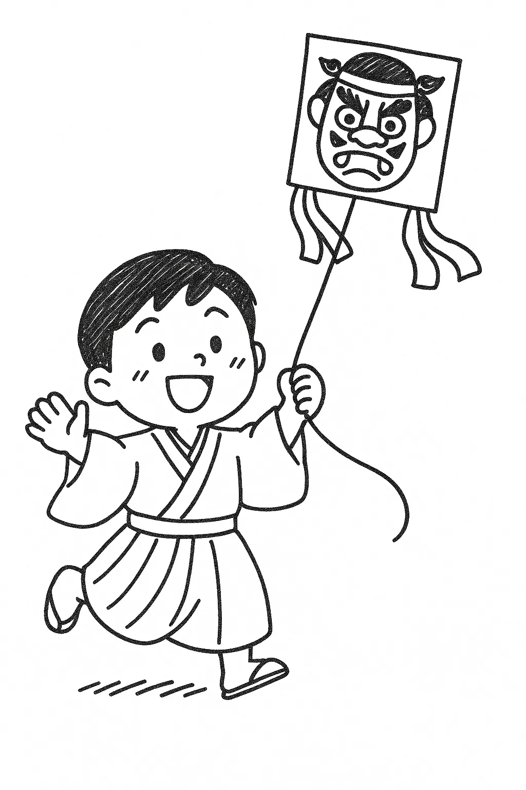 手書き凧揚げを楽しむ男の子｜線画のシンプルさが際立つ手書き凧揚げの男の子のイラストです。親しみやすいタッチが広告や教育資料に適しており、伝統的な遊びの楽しさをわかりやすく表現できるビジネス素材です。