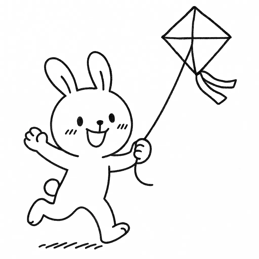 手書き凧揚げをするうさぎキャラクター｜可愛らしいうさぎが凧を上げる手書き凧揚げのイラストです。柔らかな線と明快な表情が魅力で、親近感を演出するのに効果的です。企業や教育向けの資料に幅広く活用できます。