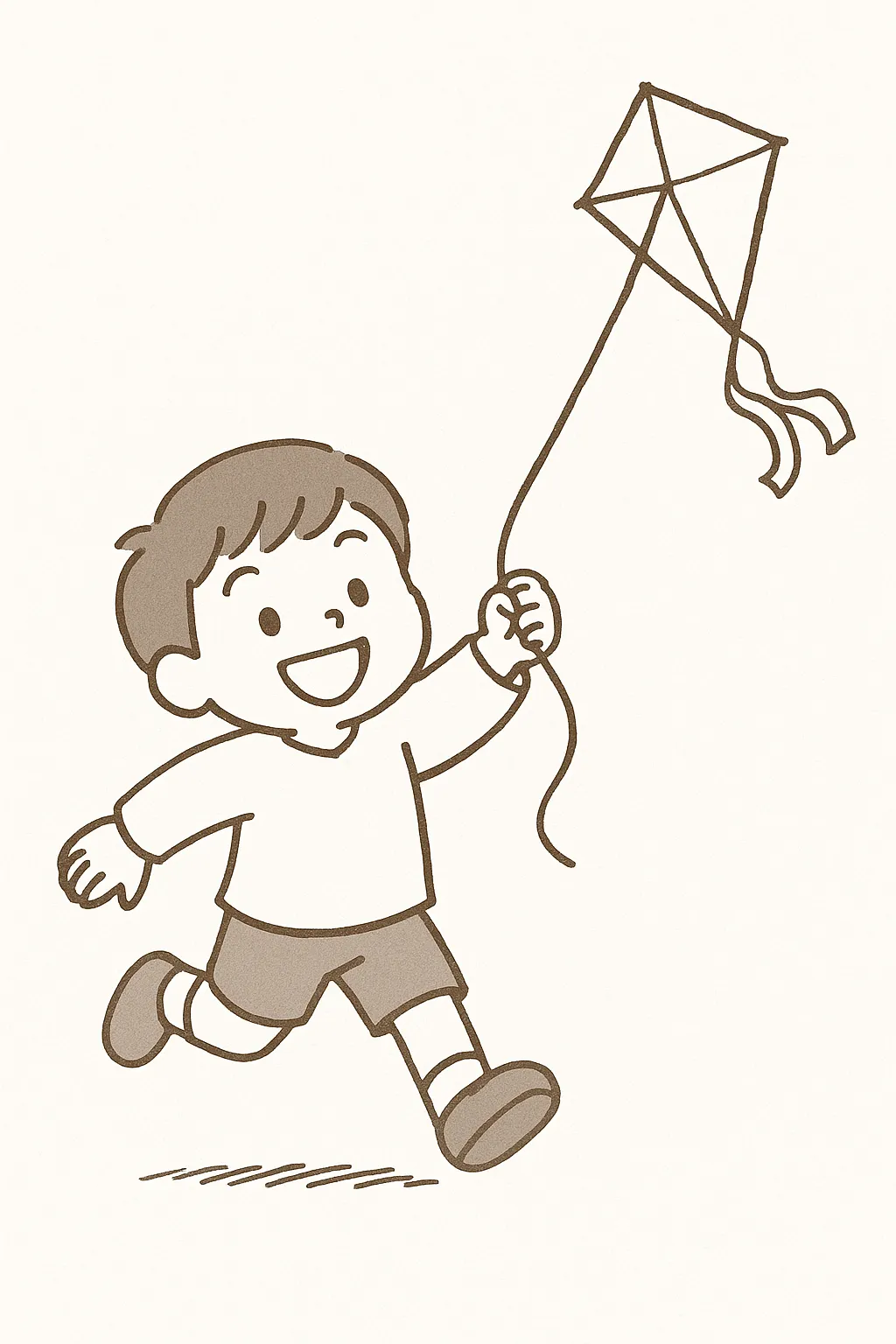 手書き凧揚げに走る子どもの姿｜落ち着いたモノトーン調で描かれた手書き凧揚げの子どもイラストです。やさしい色合いと軽快な動きが調和し、温かい印象を与えます。シーズンイベントや販促資料に適したビジネス素材です。