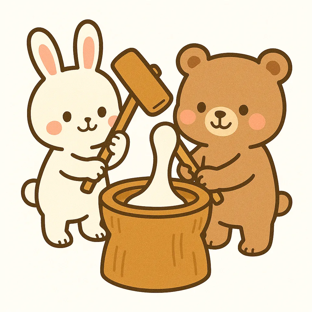 かわいい餅つきをする男の子｜線画で描かれたかわいい餅つきの男の子イラストです。明るい表情と動きのある姿が印象的で、伝統行事を楽しく表現できます。広告や教育向け資料に最適なビジネス素材です。