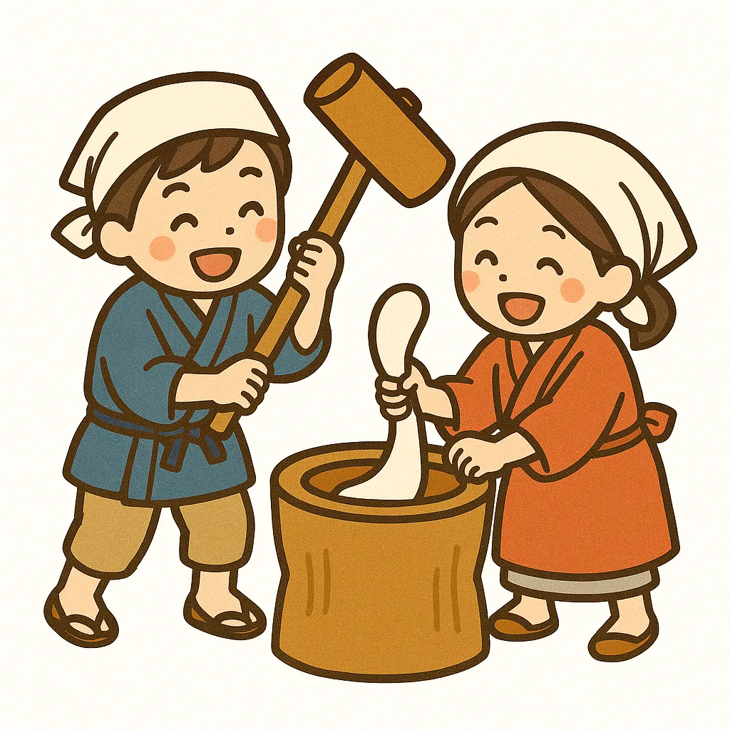 かわいい餅つきを楽しむうさぎキャラ｜うさぎが元気に餅をつくかわいい餅つきのイラストです。親しみやすいデザインと愛らしい雰囲気が特徴で、イベント告知や年賀向けビジュアルに幅広く活用できる素材です。