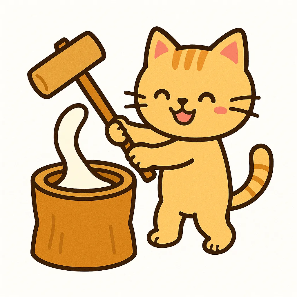 かわいい餅つきをする子どもの姿｜柔らかいトーンで描かれたかわいい餅つきの子どもイラストです。シンプルで落ち着いたタッチが温かみを与え、販促物や季節のキャンペーン素材として効果的に使用できます。