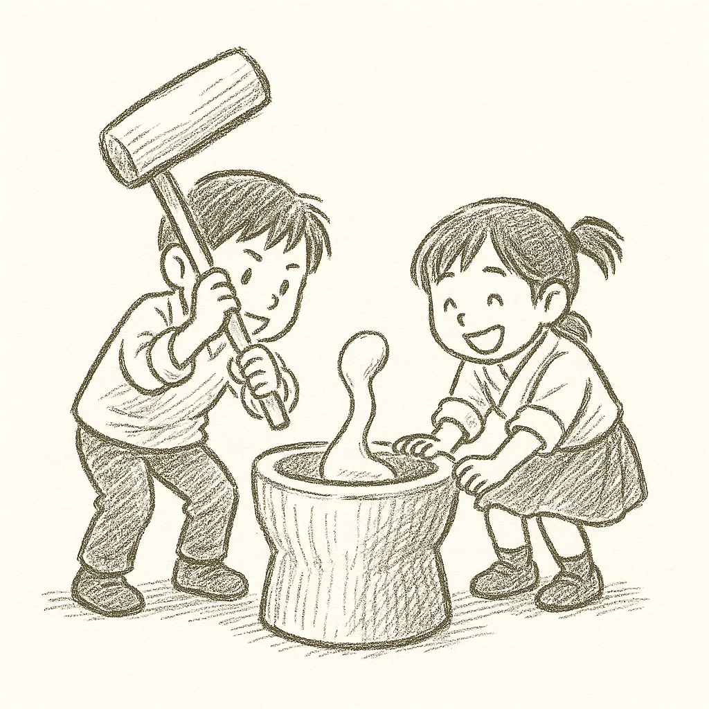 手書き餅つきを楽しむ子どもたち｜二人の子どもが協力して手書き餅つきをする様子が描かれています。温かみのあるスケッチ風が特徴で、伝統行事を楽しく伝えるビジュアルとして教育やイベント資料に活用できます。