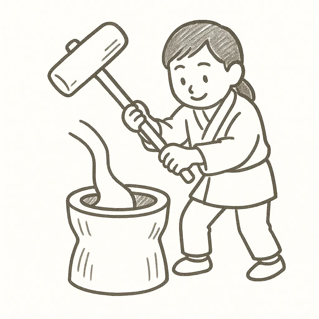 手書き餅つきをする女の子の姿｜シンプルな描線で表現された手書き餅つきの女の子イラストです。清潔感と素朴さが感じられ、伝統的な行事の雰囲気を柔らかく表現。販促や季節関連のビジネス素材に最適です。
