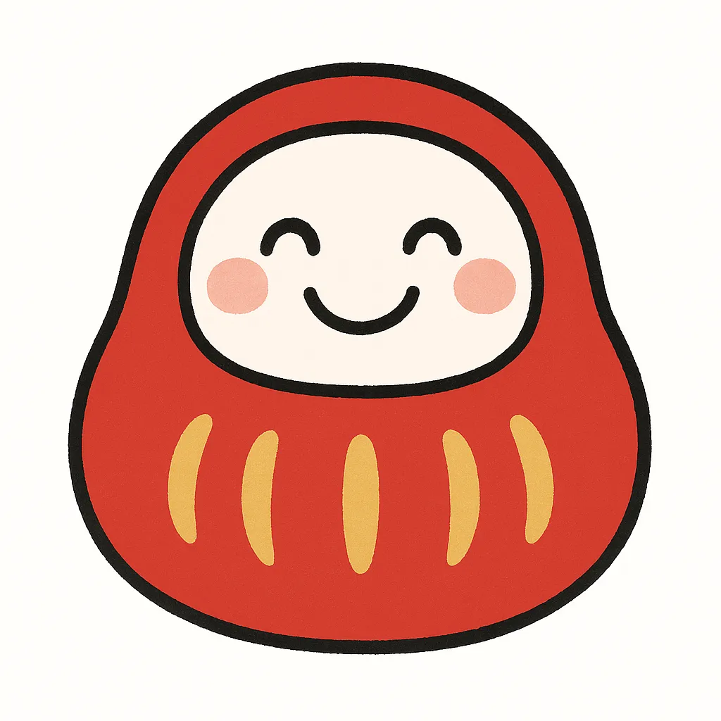 かわいいだるまの笑顔イラスト｜やさしい表情で描かれたかわいいだるまのイラストです。明るい赤色と柔らかな線が親しみを生み、年始や広告媒体に活用しやすいシンプルで効果的なビジネス素材です。