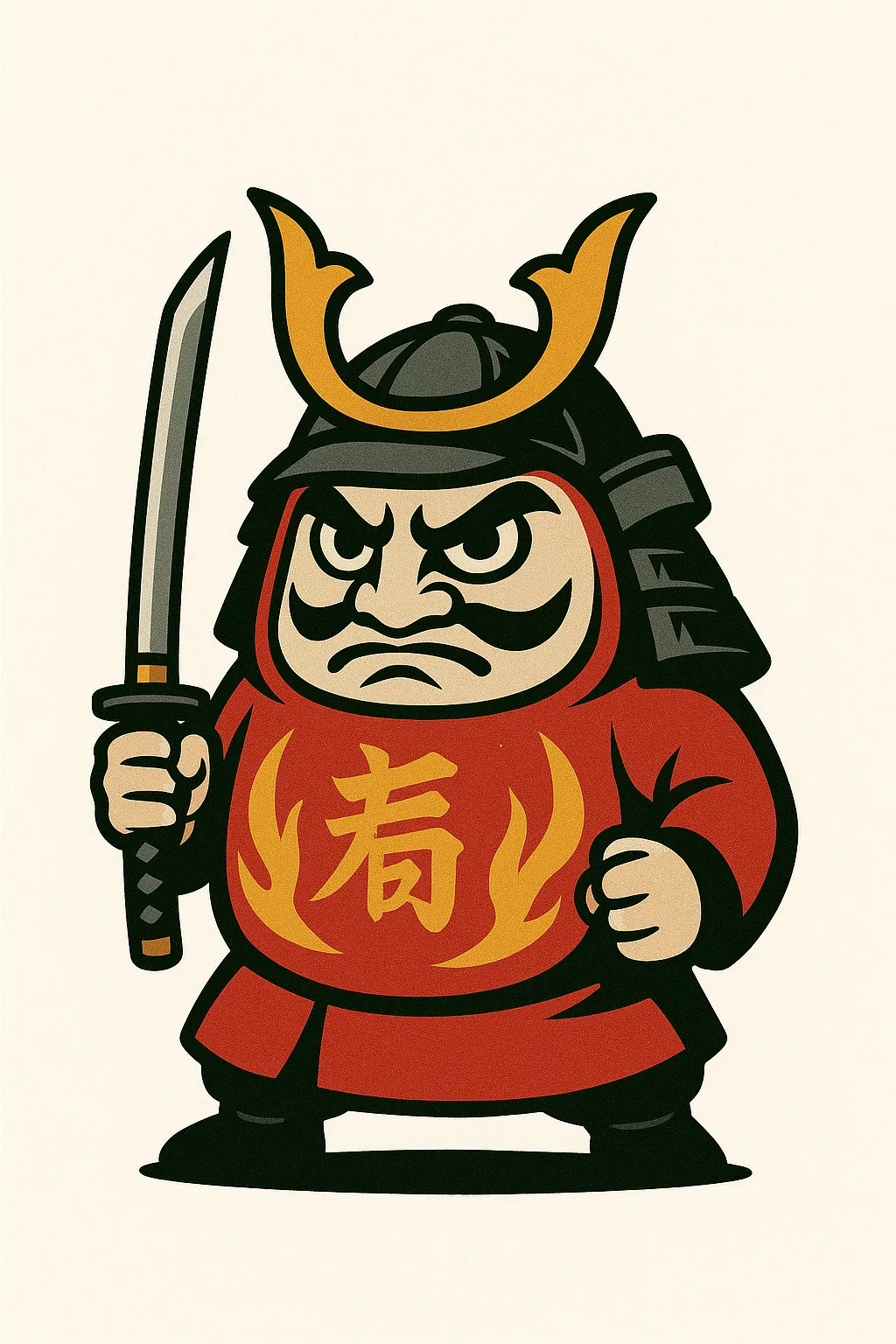 かっこいいだるま侍デザイン｜刀を構えたかっこいいだるまのイラストです。武士の力強さを表現したデザインで、和風テイストの広告やイベントロゴとして印象的に活用できるビジネス素材です。