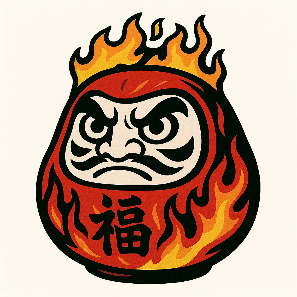 かっこいいだるま炎のデザイン｜炎をまとったかっこいいだるまのイラストです。力強い赤とオレンジのコントラストが情熱的な雰囲気を演出し、キャンペーンや販促資料に迫力を加える素材です。