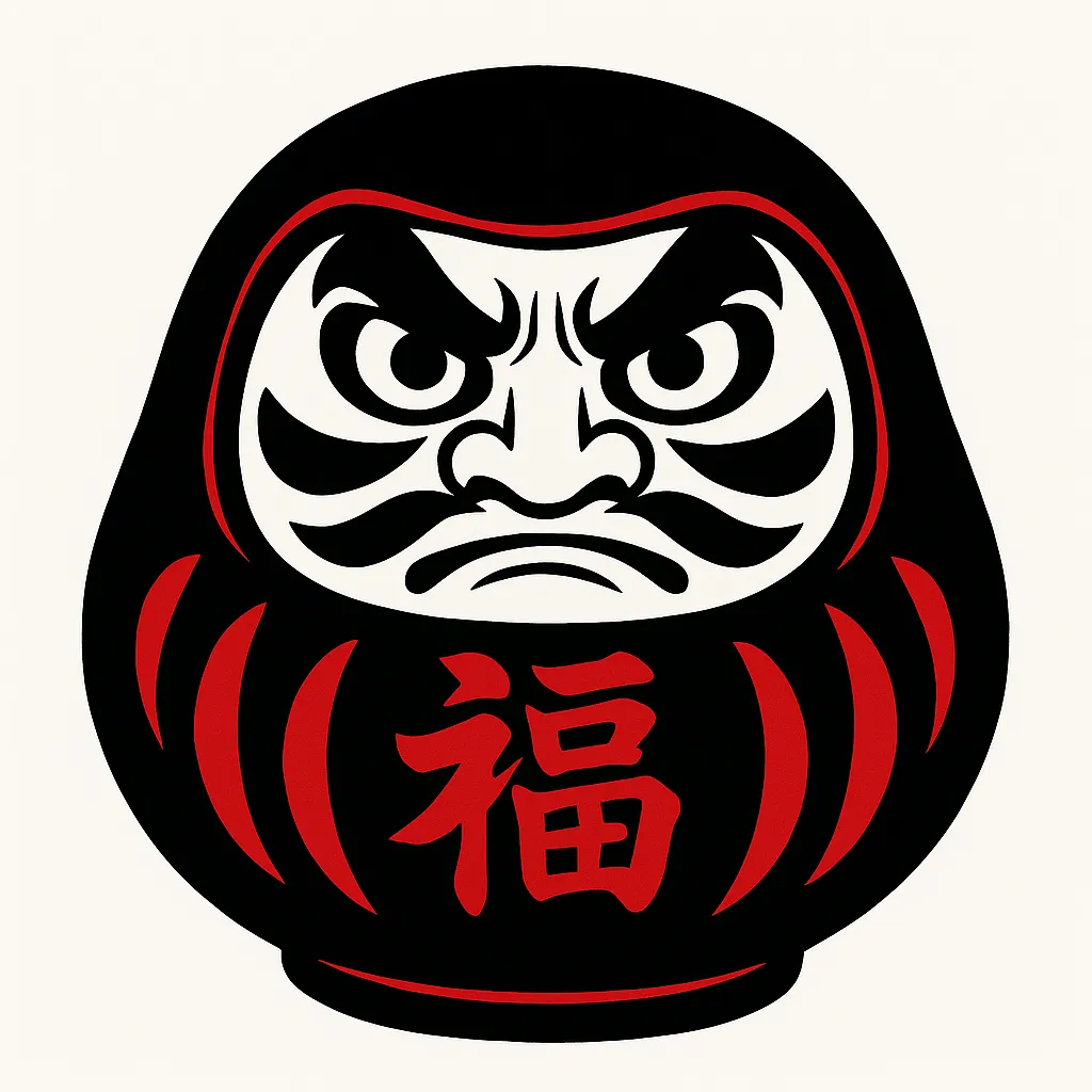 かっこいいだるま黒赤デザイン｜黒と赤を基調にしたかっこいいだるまのイラストです。重厚で威厳ある雰囲気を持ち、強さや信念を象徴するビジュアルとしてポスターや商品企画に適しています。