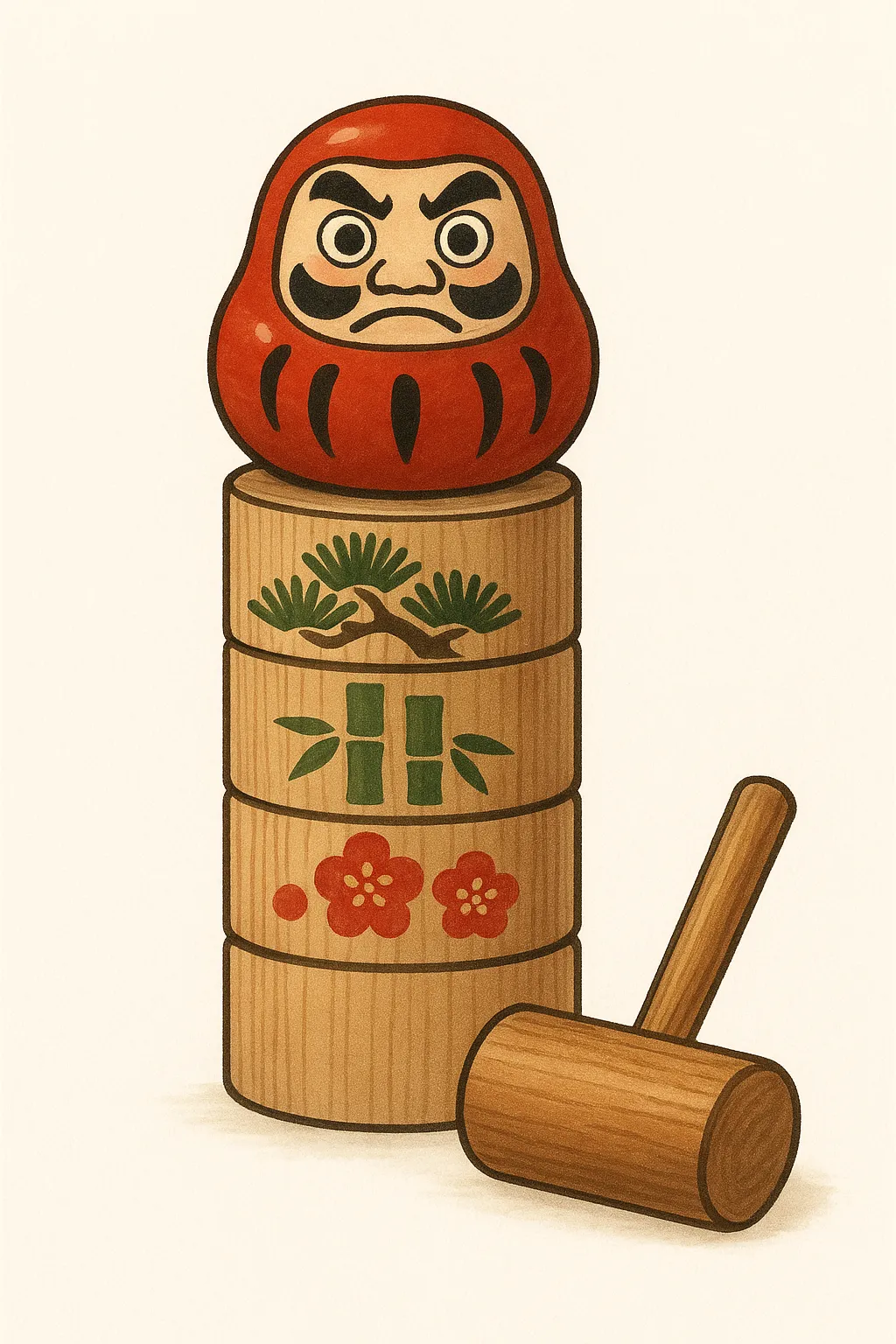 だるま落としの松竹梅デザイン｜伝統的な松竹梅の模様が描かれただるま落としのイラストです。落ち着いた色合いと木目の質感が調和し、文化紹介や教育資料に最適なビジネス素材として活用できます。