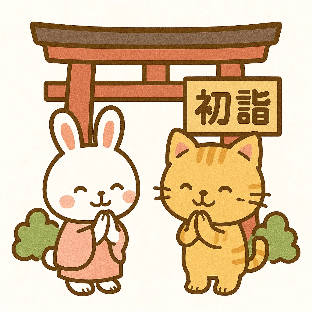 かわいい初詣のうさぎと猫｜明るい配色とやわらかな線で描かれたかわいい初詣のイラストです。うさぎと猫が鳥居の前で手を合わせてお参りする姿が親しみやすく、正月の雰囲気を伝えるビジネス写真素材として活用できます。