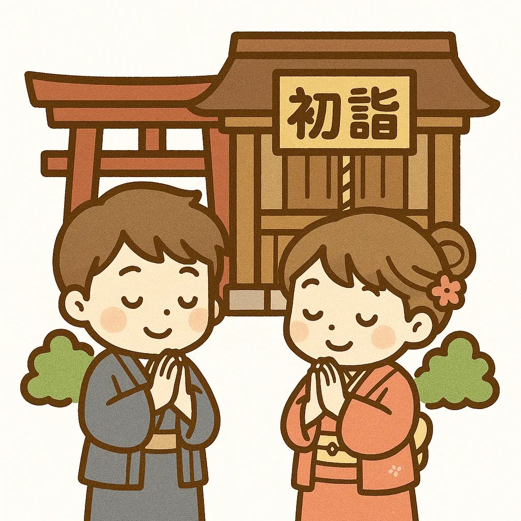 かわいい初詣の男女｜着物姿の男女が神社で手を合わせるかわいい初詣のイラストです。鳥居と社殿が丁寧に描かれており、正月行事の情景を温かく表現しています。文化的な行事を紹介する素材として利用しやすい一枚です。