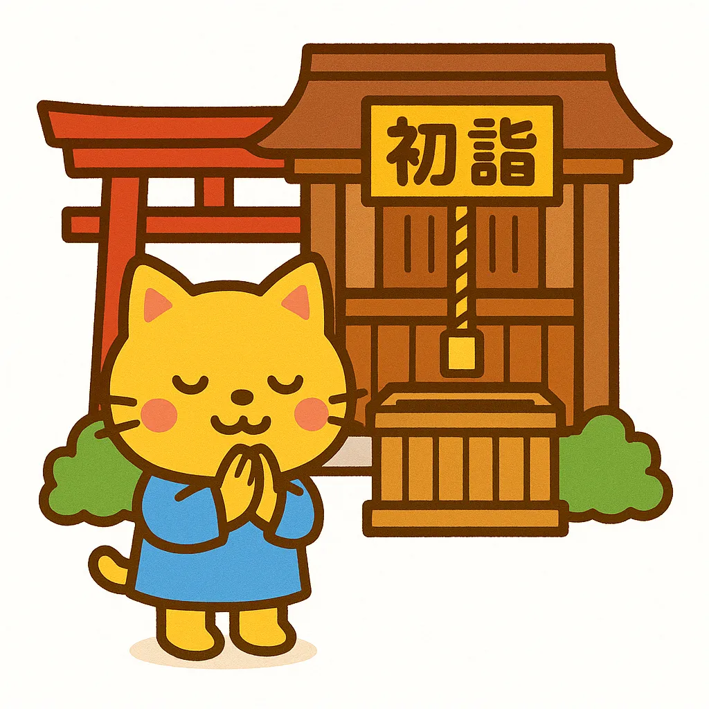 かわいい初詣の猫｜シンプルな構成で、青い着物を着た猫が一人で神社にお参りしているかわいい初詣のイラストです。線が太めで見やすく、親しみやすい印象を与えるため、年始イベントや教育向けの資料に適したビジネス写真素材です。