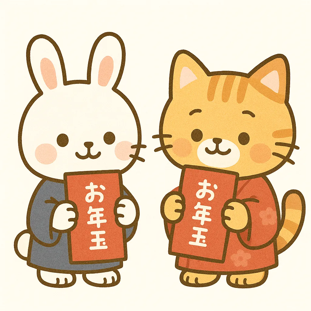 かわいいお年玉を持つ動物キャラ｜うさぎと猫が並んでかわいいお年玉を持つ姿を描いたイラストです。キャラクタータッチで親しみやすく、かわいらしいデザインが特徴です。季節感のある販促や年賀関連素材として効果的です。