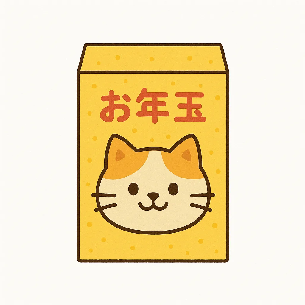 猫デザインのかわいいお年玉袋｜猫の顔が描かれた黄色い封筒型のかわいいお年玉袋です。明るくポップな色合いで、親しみやすい印象を与えます。年始イベントや子供向けのキャンペーン素材に適しています。