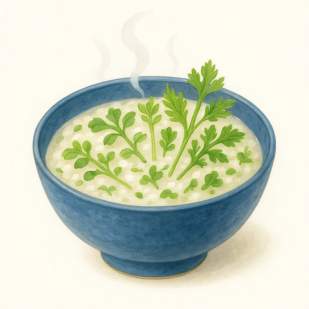 青い器に盛られた七草粥イラスト｜青い器に湯気の立つ七草粥が描かれたイラストです。爽やかで清潔感のある色合いが、食材や正月関連のキャンペーンに効果的で、販促ツールに幅広く利用可能です。