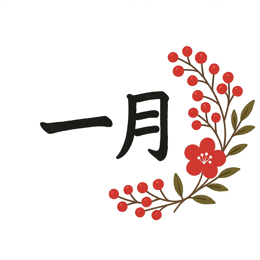 1月の花と赤い実の素材｜赤い実と梅の花を文字に添えた華やかなイラストです。鮮やかな赤と緑のコントラストが映え、1月の花を印象的に描きます。正月シーズンのデザインに彩りを加えるビジネス素材として最適です。