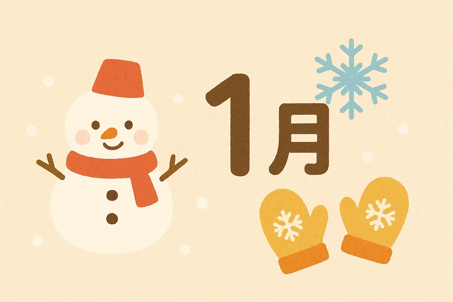 かわいい1月の雪だるまと手袋の素材｜雪だるまと手袋が組み合わされた、冬の温もりを表現したイラストです。素朴でやさしい色彩と軽やかな描線がかわいい1月を引き立てます。寒さや季節感を伝えるビジネスシーンに役立ちます。