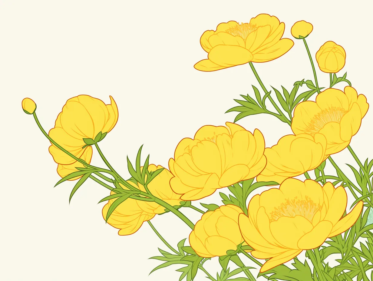 1月の花と黄色いボタンの素材｜鮮やかな黄色のボタンの花を細かい線で描いた華やかなイラストです。緻密で繊細なタッチが特徴で、1月の花を存在感ある形で示しています。明るい印象を添えるビジネス素材に活用できます。