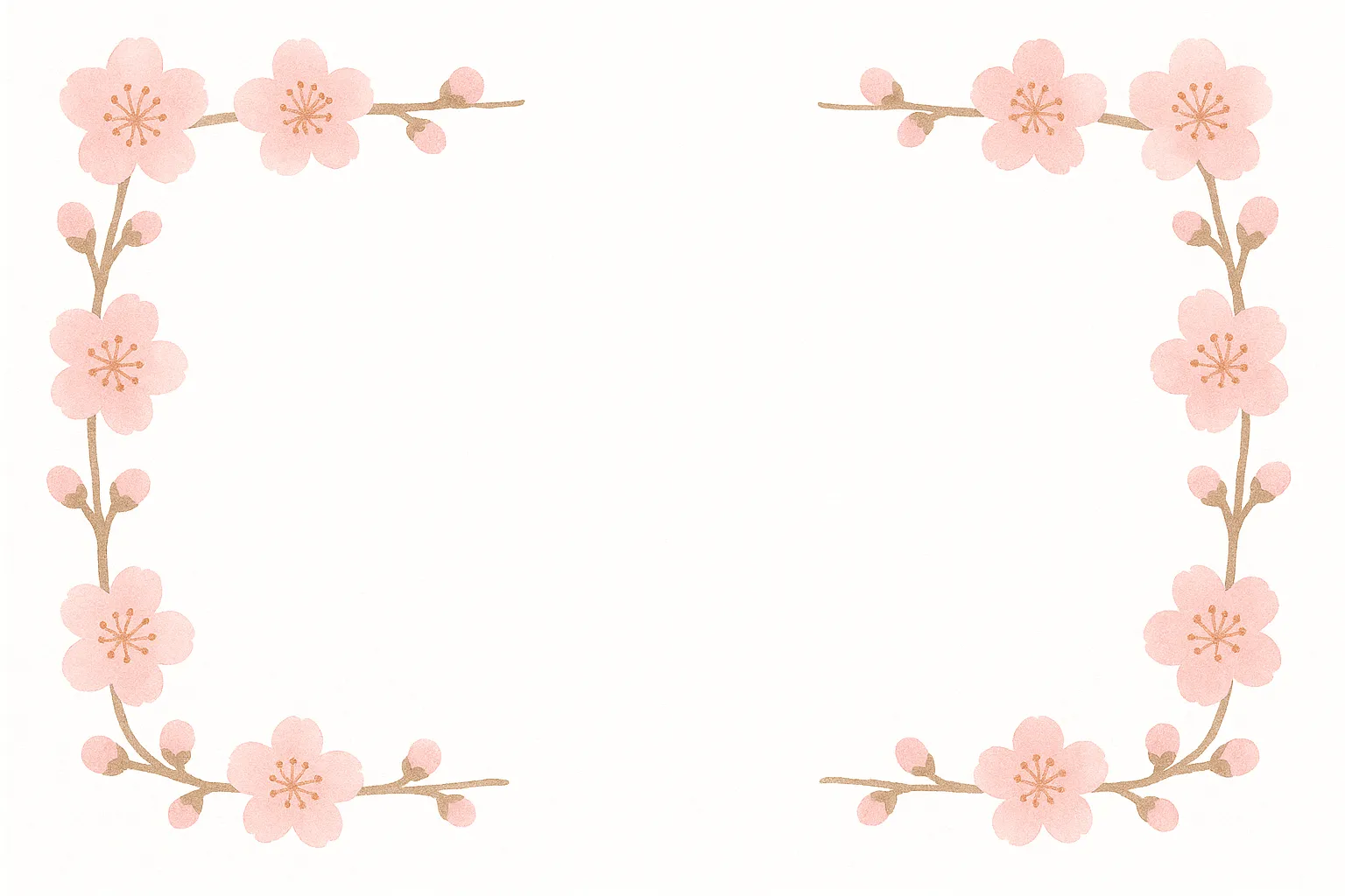 1月フレームの梅花素材｜淡いピンクの梅の花を四隅に配した柔らかなデザインです。可憐な色調が印象的で、1月フレームとして温かみある案内や季節のお知らせに活用できます。