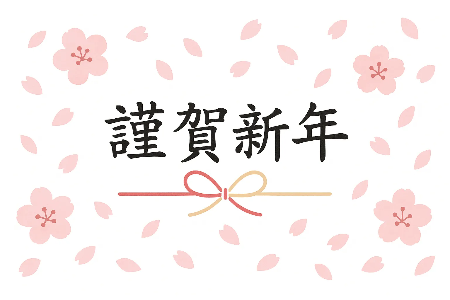 謹賀新年の桜と水引素材｜桜の花びらが舞う中に文字と水引を配置した柔らかなデザインです。淡い色合いが上品さを演出し、謹賀新年を穏やかに表現しています。新春の挨拶や案内に使いやすいビジネス素材です。