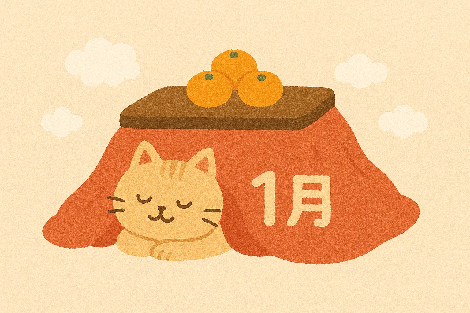 かわいい1月のこたつと猫の素材｜こたつに入って眠る猫とみかんが描かれた、温かな印象のイラストです。穏やかな色調と丸みのある描き方が特徴で、かわいい1月のくつろぎを感じさせます。冬の暮らしを表現する素材として利用できます。