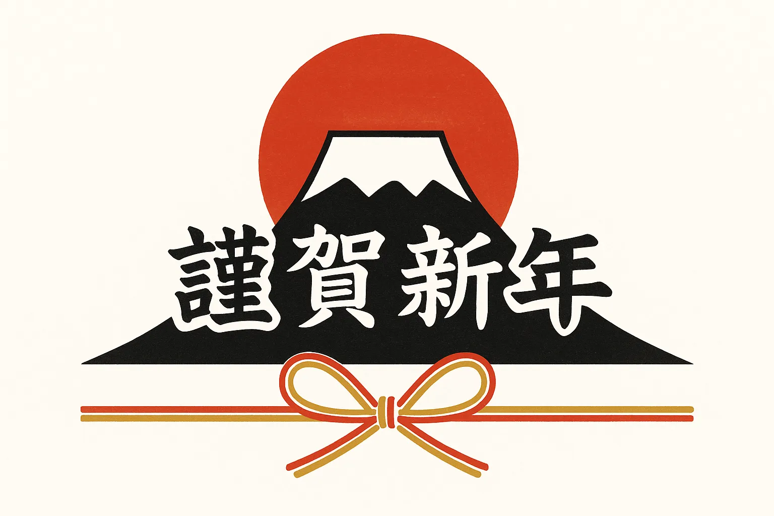 謹賀新年の富士山と日の出素材｜富士山と赤い日の出を背景に文字を配置した力強いデザインです。黒と赤のコントラストが鮮烈で、謹賀新年を堂々と示しています。年賀広告や正月キャンペーンに最適な素材です。