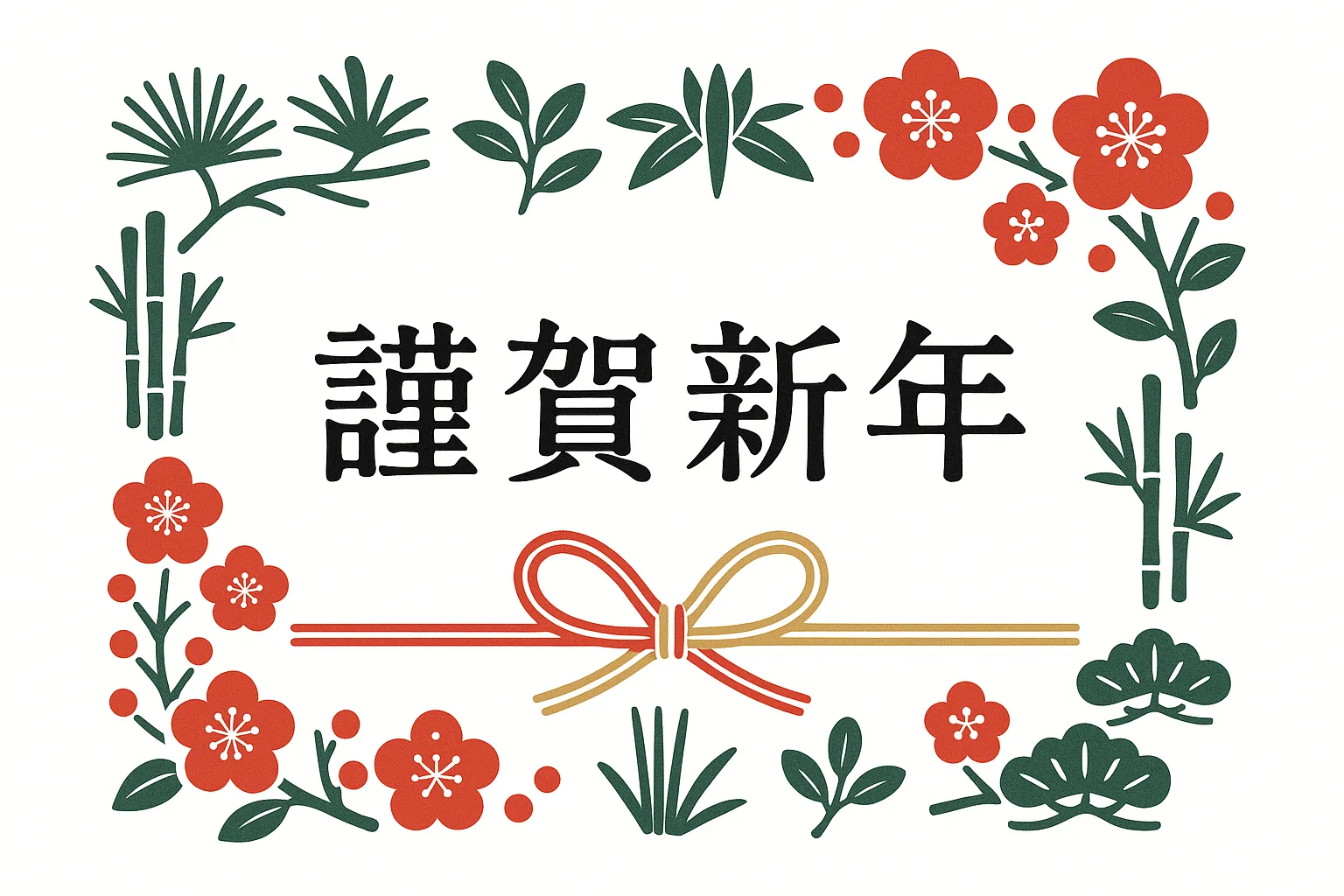 謹賀新年の松竹梅飾り素材｜松・竹・梅を周囲に配した伝統的なフレーム調のデザインです。緑と赤の色彩が華やかで、謹賀新年を華麗に演出します。季節感を強調した年始の広報や印刷物に適した素材です。