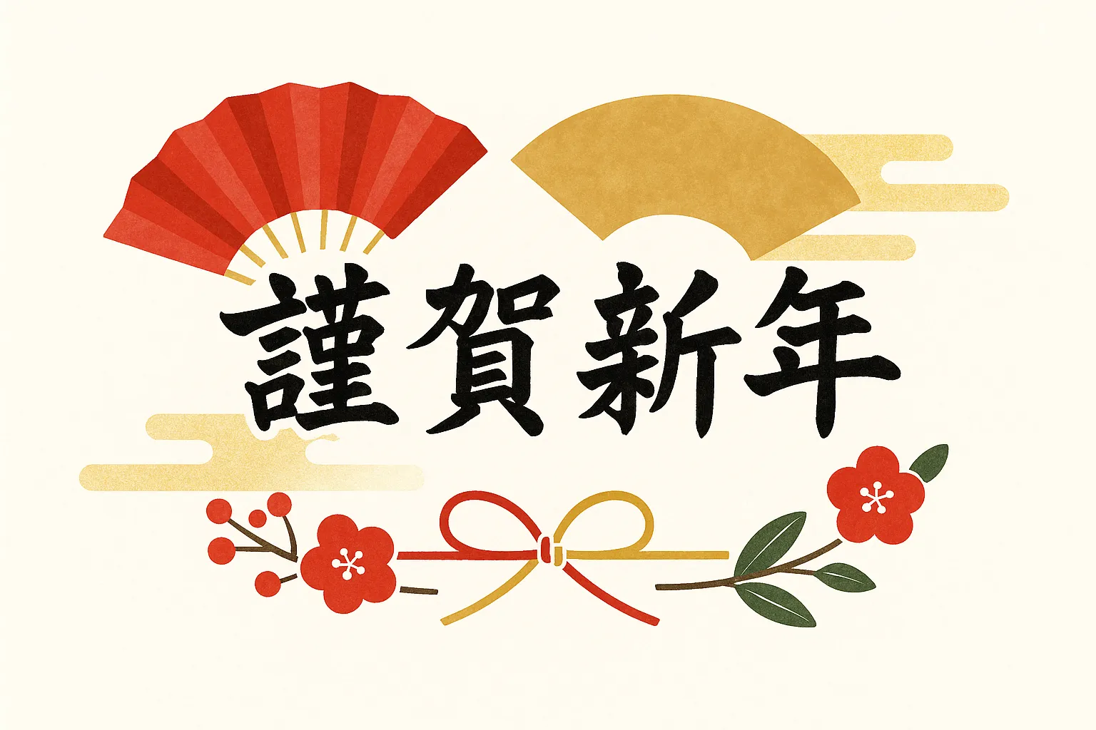 謹賀新年の扇と梅の素材｜金と赤の扇に梅の花を添えた華やかな構成です。温かみと祝いの雰囲気を兼ね備え、謹賀新年を彩り豊かに示しています。イベントや販促物に幅広く利用できる素材です。