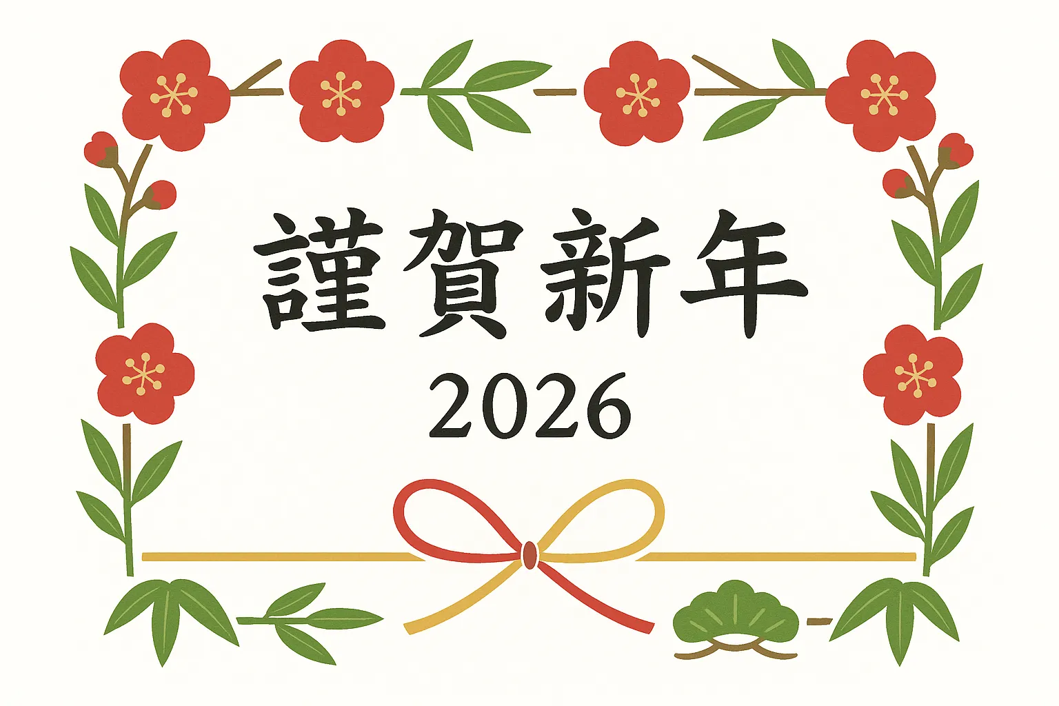 謹賀新年2026赤い梅の花枠デザイン｜赤い梅の花と緑の葉で囲んだフレームに謹賀新年2026の文字を配置したデザインです。シンプルながら華やかで、和風の落ち着いた雰囲気を大切にしており、新年の告知やイベントのメインビジュアルに適した写真素材です。