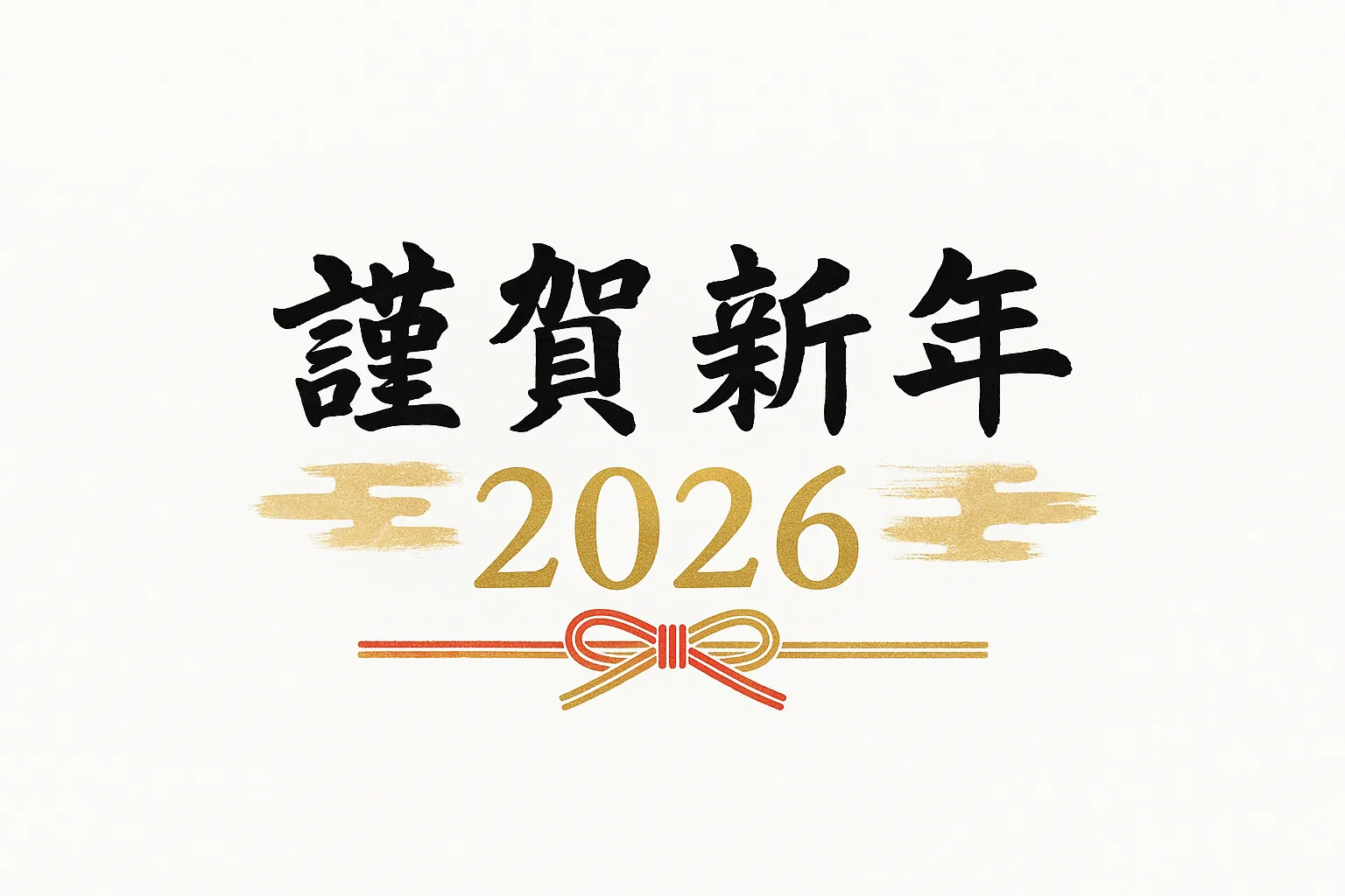 謹賀新年2026金の筆文字デザイン｜力強い筆文字で謹賀新年2026を表現し、金色の霞と水引を組み合わせた和モダンなデザインです。荘厳で高級感のある雰囲気があり、企業の新年メッセージやフォーマルなシーンに最適な写真素材になっています。