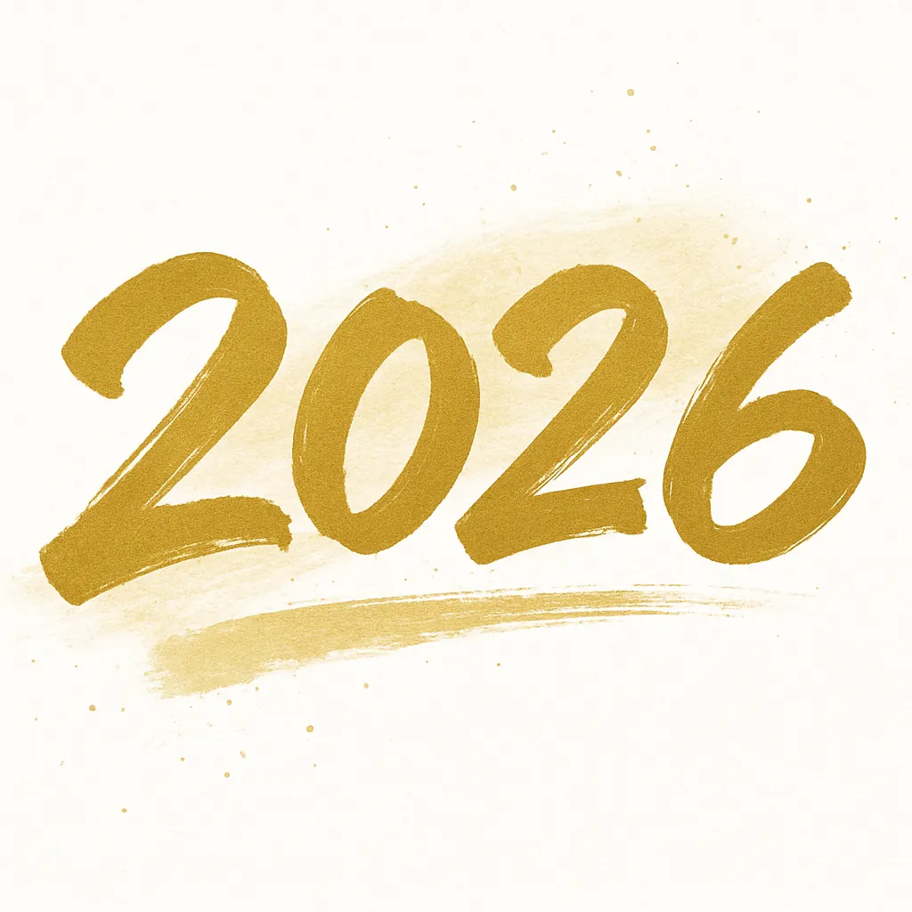 2026数字デザインの筆文字風表現｜力強い筆文字を活かした「2026」のデザインです。金色のブラシストロークが高級感を演出し、ビジネス素材としても新年のメッセージや記念の場面に適しています。手書き感が親しみやすさを添えています。