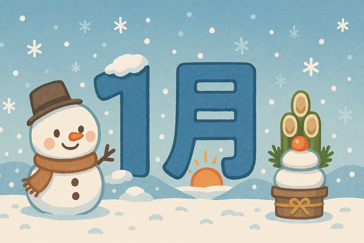 かわいい1月の雪だるまと門松の素材｜雪だるまと門松を組み合わせた新年らしい構成です。青を基調とした背景により清涼感があり、かわいい1月の華やかさを演出します。年始のイベントや冬の案内素材として幅広く活用できます。