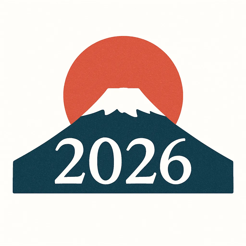 2026数字デザインの富士山と日の出｜富士山と赤い日の出を背景にした「2026」のデザインです。力強い和風モチーフが正月らしい雰囲気を表現し、ビジネス素材として年始の挨拶や販促用に効果的に使用できます。