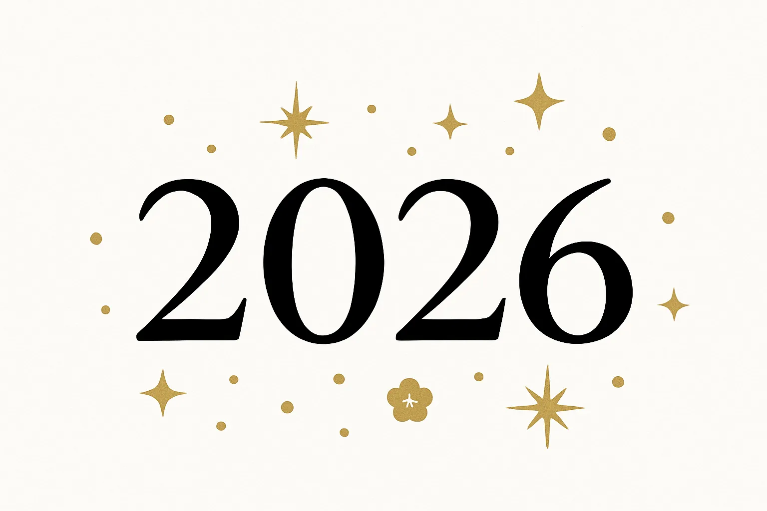 2026数字デザインの金色きらめき｜金色の星と装飾を散りばめた「2026」のデザインです。高級感と華やかさを両立し、特別感を演出できます。ビジネス素材として式典や新年挨拶状に幅広く使える印象的なスタイルです。