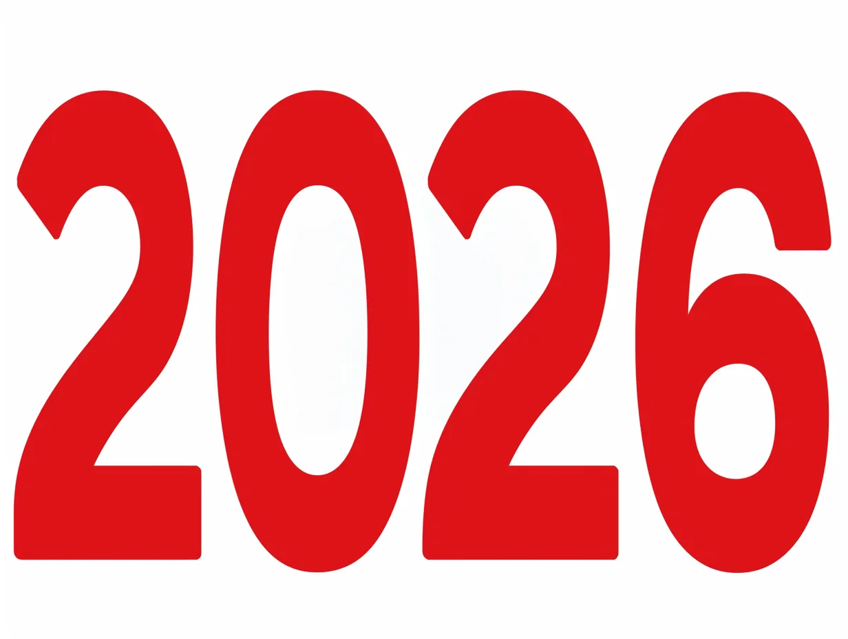 2026数字デザインの赤色強調｜シンプルで力強い赤色で描かれた「2026」のデザインです。視認性が高くインパクトのある印象を与えます。ビジネスシーンでの年始広告や告知に効果的な構成です。