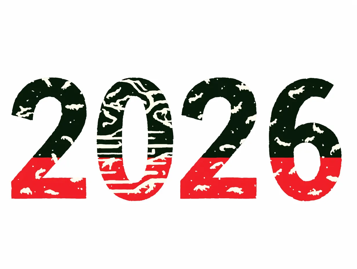 2026数字デザインの二色切り替え｜上部が黒、下部が赤に分かれた「2026」のデザインです。版画風の質感が独特で、和風の雰囲気を感じさせます。新年を象徴する素材として販促物や年賀状に活用可能です。