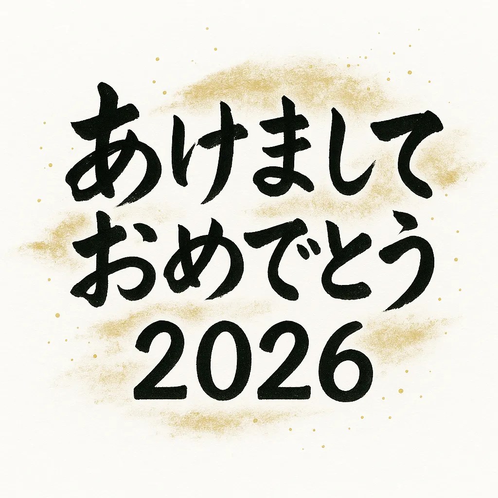 あけましておめでとう2026筆文字素材｜力強い筆文字と金色の装飾をあしらったデザインです。年の始まりを祝う荘厳な雰囲気を持ち、あけましておめでとうの挨拶をビジネス用途でも堂々と伝えられる素材です。