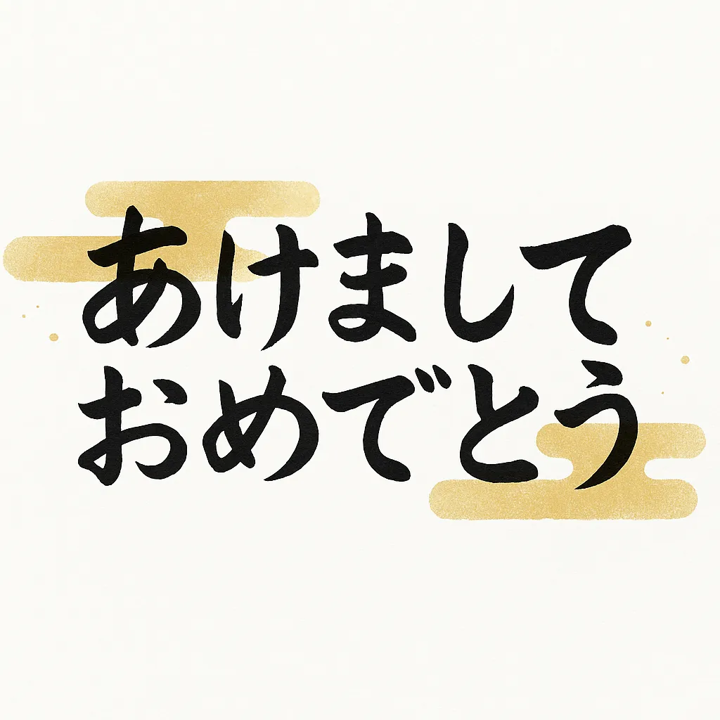 あけましておめでとう金雲素材｜シンプルな黒文字に金色の雲を添えた上品な構成です。落ち着いた印象があり、あけましておめでとうの挨拶を丁寧に伝える場面に適したビジネス写真素材です。