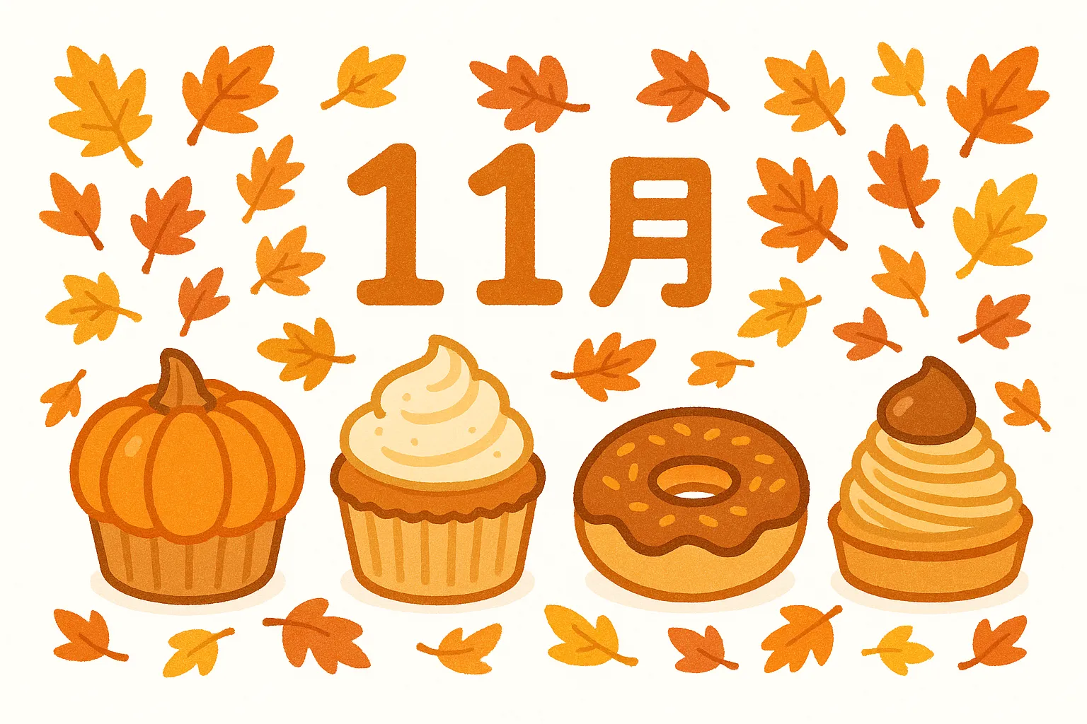 かわいい1月のスイーツと紅葉の素材｜パンプキンやカップケーキなどのスイーツと紅葉が組み合わされたイラストです。温かみある配色と柔らかな線で描かれ、かわいい1月を感じさせる落ち着いた雰囲気が特徴です。季節感を伝えるビジネス素材に最適です。