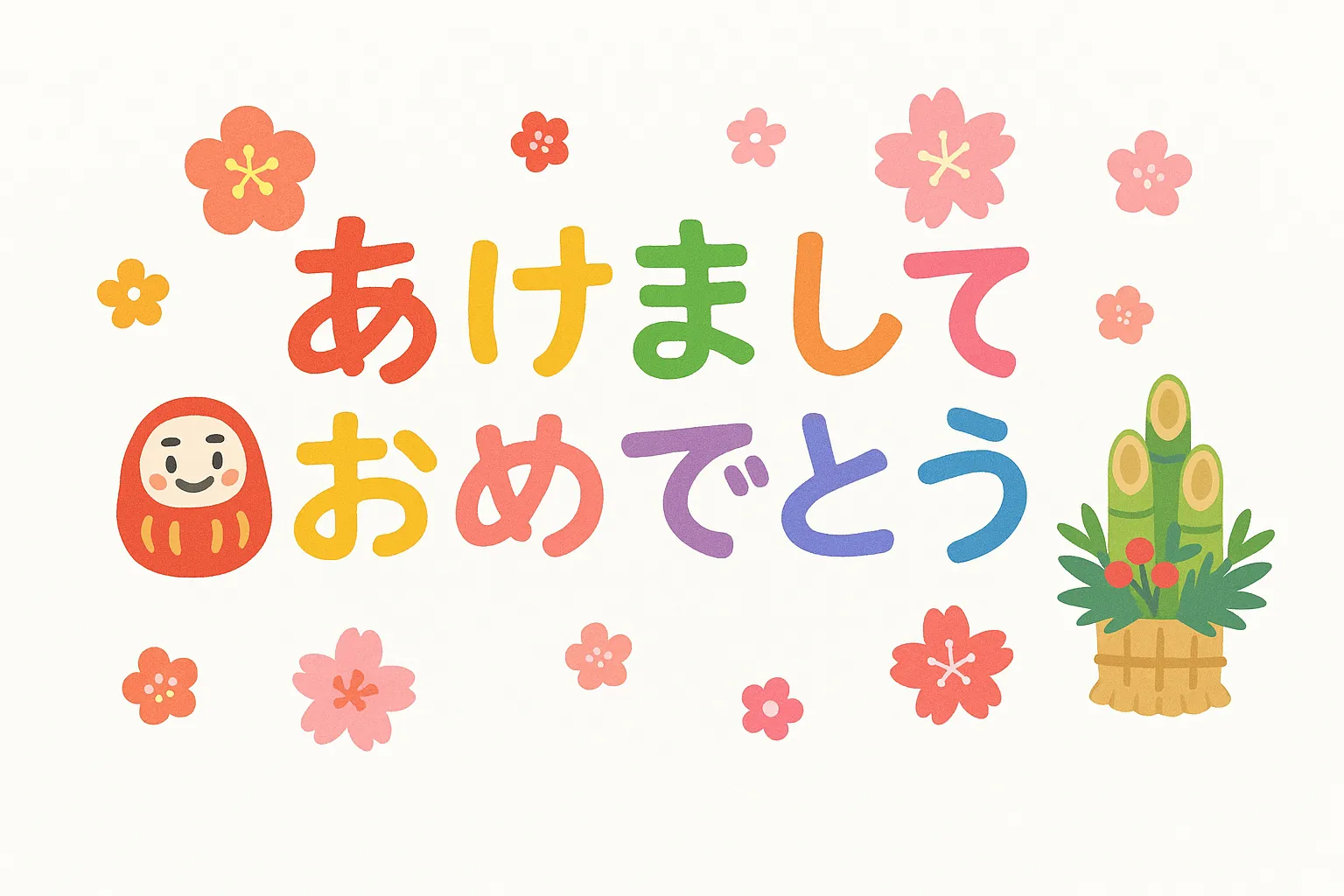あけましておめでとうカラフル素材｜虹色の文字に梅や門松、だるまを加えた賑やかなデザインです。明るさと親しみを強調し、あけましておめでとうの挨拶をカジュアルに届けられる素材です。