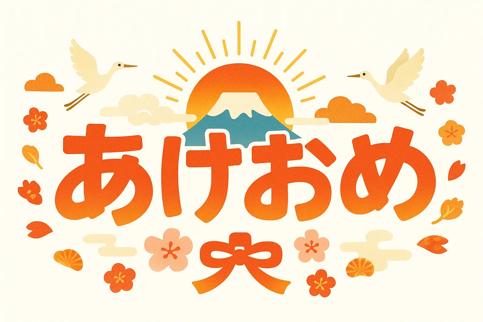 あけおめ富士山と日の出のイラスト｜富士山と日の出を背景にしたあけおめの文字デザインです。明るいオレンジのグラデーションが目を引き、新年の高揚感を演出します。ビジネス用途では年賀状デザインや新春キャンペーンの告知に適した素材です。