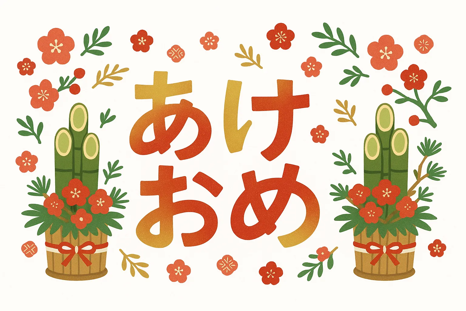 あけおめ門松と梅のイラスト｜門松や梅の花に囲まれたあけおめの文字が描かれ、和風で落ち着いた雰囲気を与えるデザインです。日本的な伝統を強調でき、企業の年始挨拶や取引先向けの案内状などに活用できます。