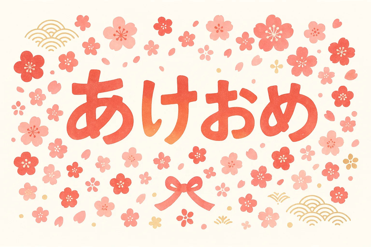 あけおめ梅の花のイラスト｜鮮やかな梅の花で囲まれたあけおめの文字が中央に配置されています。柔らかい色合いが華やかで、新春の雰囲気を高めます。ビジネスシーンでは華やかさを重視した販促ツールや広告に活用可能です。