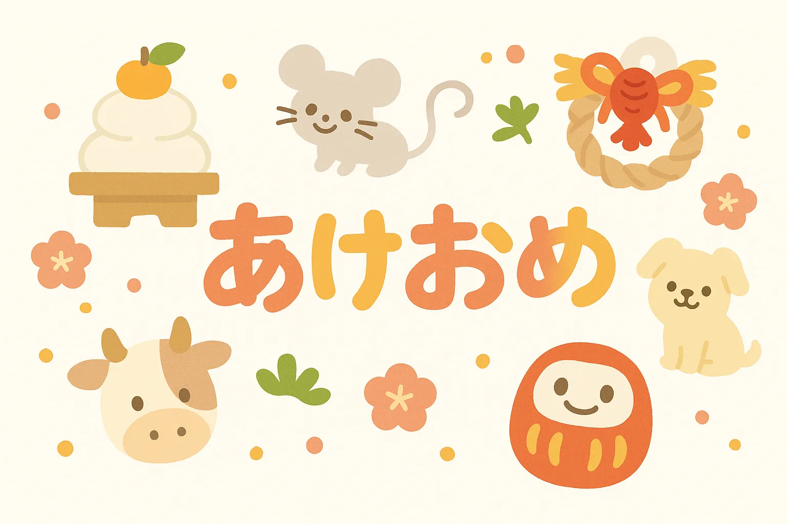 あけおめ干支と縁起物のイラスト｜かわいい干支やだるま、しめ縄などがあけおめの文字を彩るデザインです。親しみやすさが特徴で、社内向けの資料やSNSの年始投稿など幅広い用途に役立ちます。