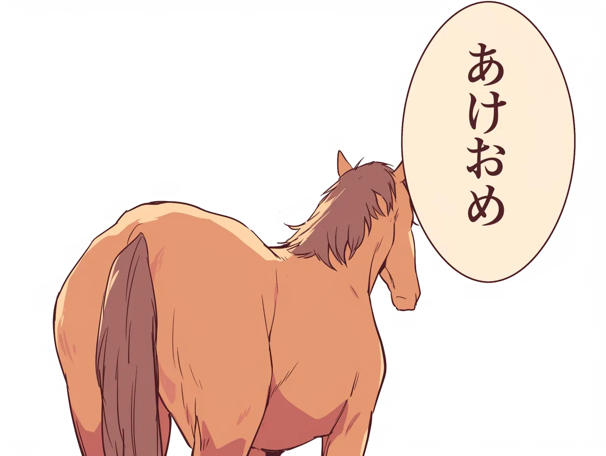 あけおめ馬と吹き出しのイラスト｜馬と吹き出しを組み合わせたユニークなあけおめデザインです。軽やかな印象で、堅苦しくない年始挨拶や社内向けビジュアルに適しています。カジュアルな新年表現に活用可能です。