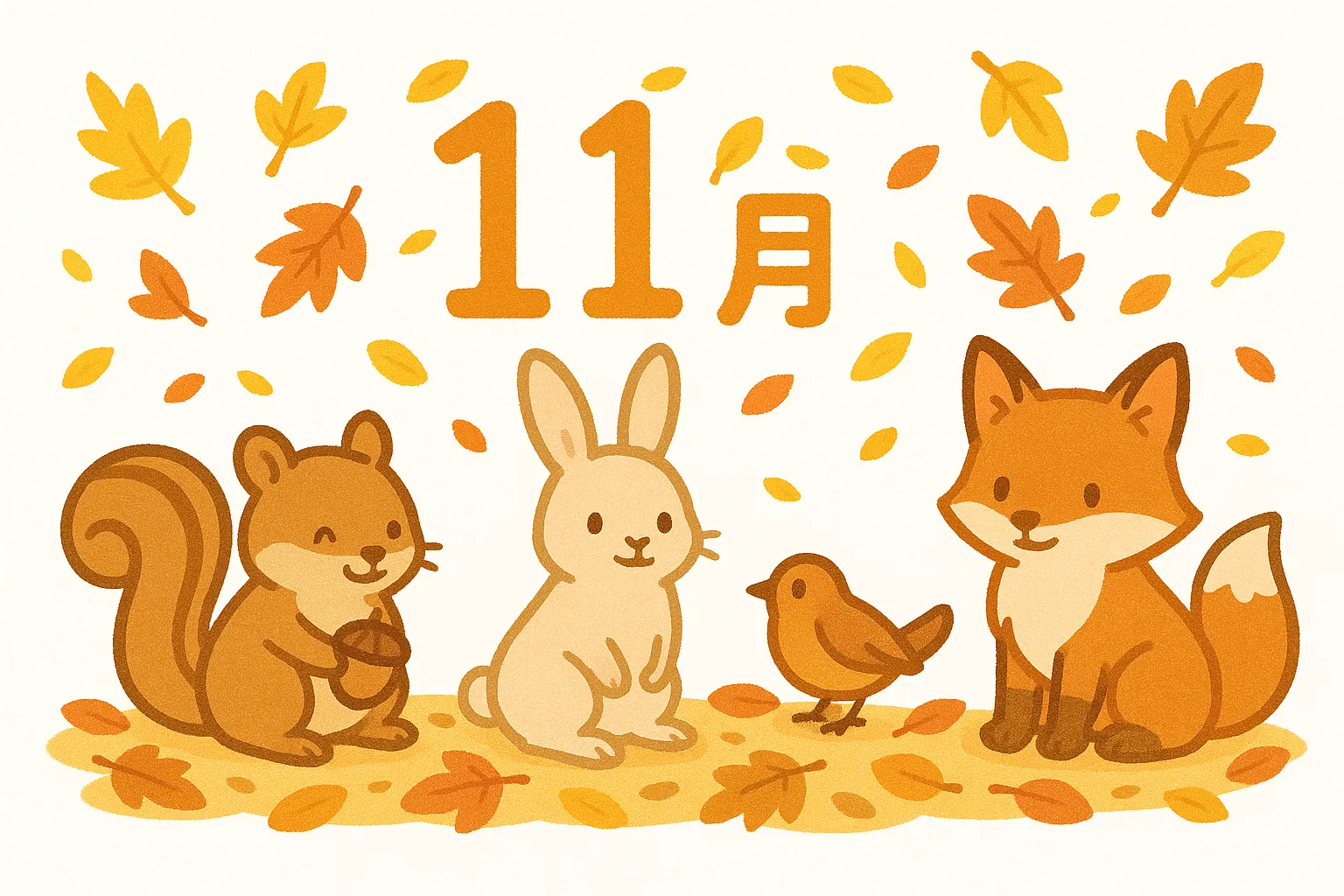かわいい1月の森の動物たちの素材｜リスやウサギ、キツネといった動物たちが秋の落ち葉の中で集うイラストです。丸みのある線と親しみやすい色合いが、かわいい1月を自然に表現します。親近感を高めるビジネス用デザインに活用できます。