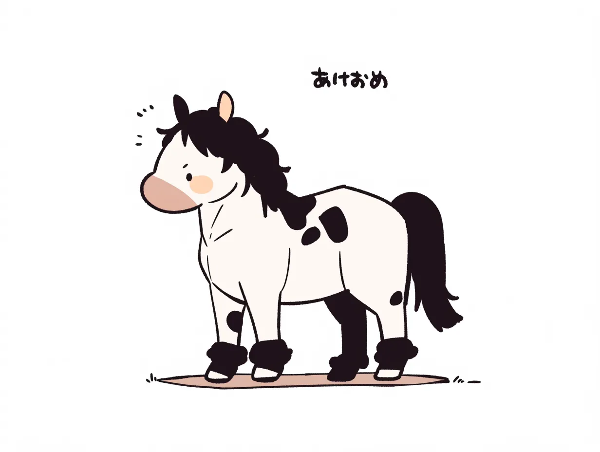 あけおめ白黒馬のイラスト｜白黒の馬がかわいらしく描かれ、あけおめの文字が添えられたシンプルなデザインです。親しみやすさと遊び心があり、社内イベント用のビジュアルやライトな挨拶素材に適しています。