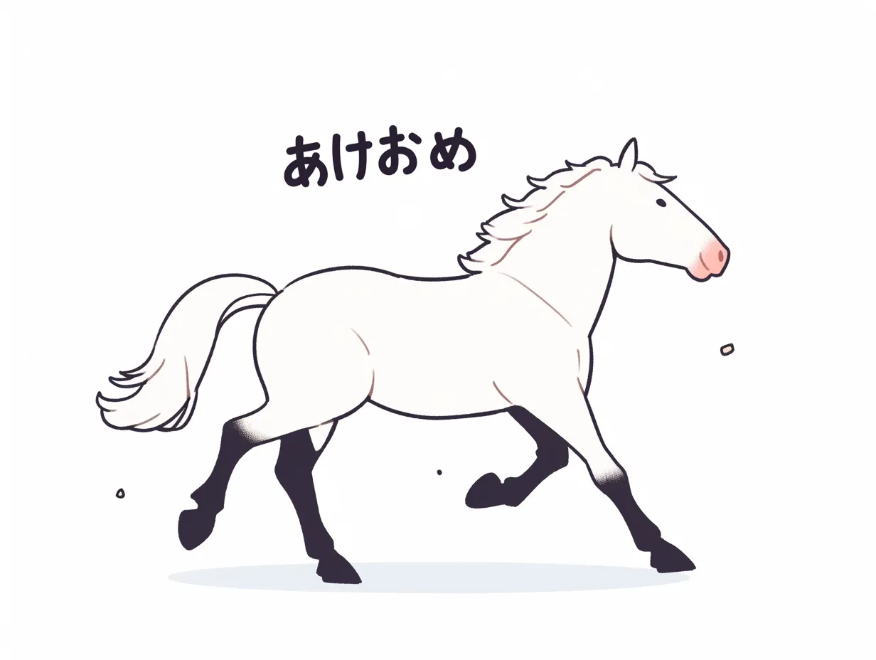 あけおめ白馬のイラスト｜白馬が力強く歩く姿にあけおめの文字を重ねたデザインです。清々しい印象を与え、気品ある雰囲気を演出します。ビジネスではフォーマルな年賀挨拶や上質なプロモーションに活用できます。