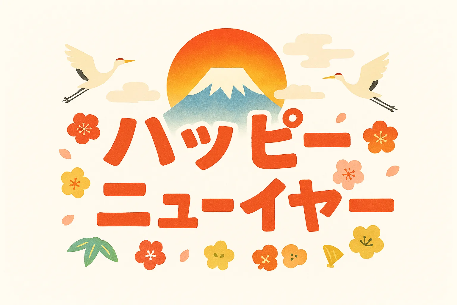 ハッピーニューイヤー日本語タイポと鶴｜日本語で表現されたタイトルと富士山、鶴、梅花が組み合わさった構成です。親しみやすい表現で、ハッピーニューイヤーを日本らしいテイストで表現するビジネス利用に活かせます。