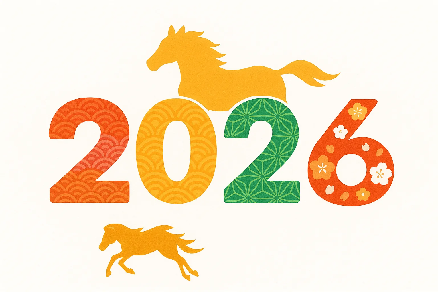 2026年干支数字と馬のデザイン｜和柄を取り入れた数字と駆ける馬のシルエットが特徴的な構成です。シンプルながら伝統を感じさせ、2026年干支を象徴的に表現するビジネス写真素材として活用できます。